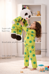 Anaario Green Polka Night Suit features - organic cotton, super soft and rash free, breathable, gets softer with every wash, customised measurements