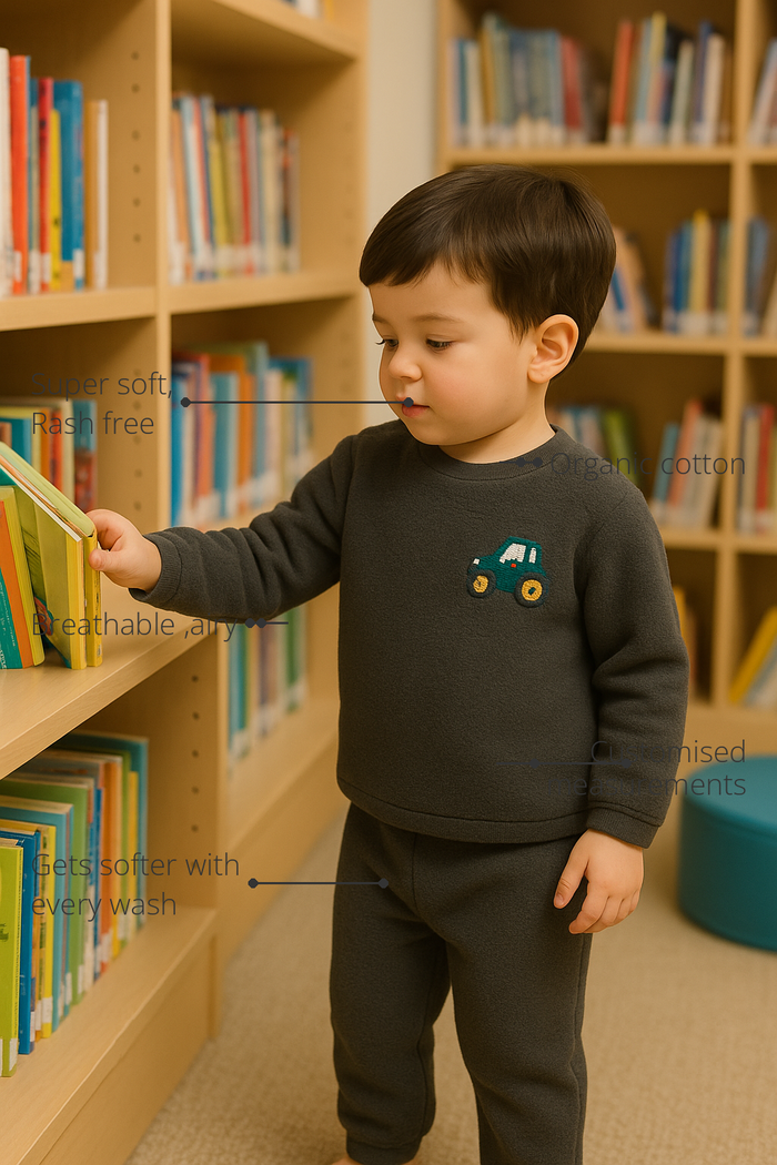 Anaario Grey Truck Fleece Set features - organic cotton, super soft and rash free, breathable, gets softer with every wash, customised measurements