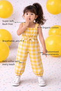 Anaario The Honeybee Checker Jumpsuit features - organic cotton, super soft and rash free, breathable, gets softer with every wash, customised measurements