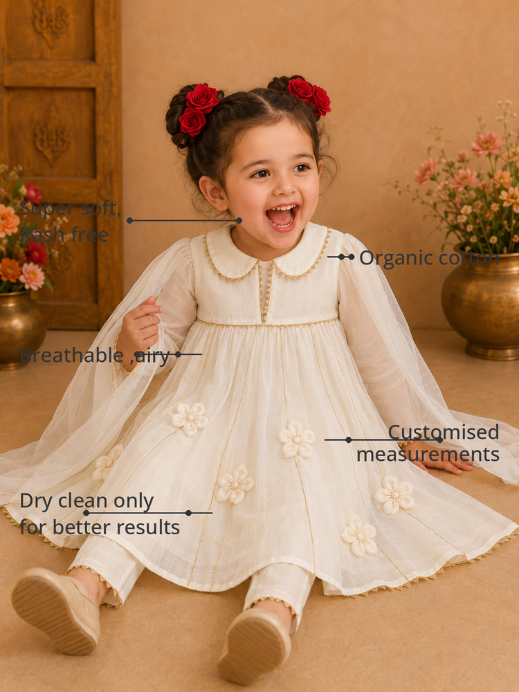 Anaario Ivory Anarkali Set features - organic cotton, super soft and rash free, breathable, dry clean only, customised measurements