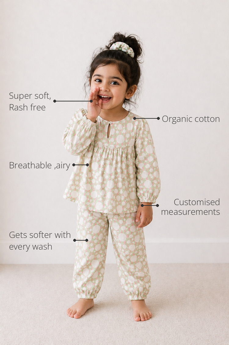 Anaario Ivory and Rose Poppy Raindrops Night Suit features - organic cotton, super soft and rash free, breathable, gets softer with every wash, customised measurements