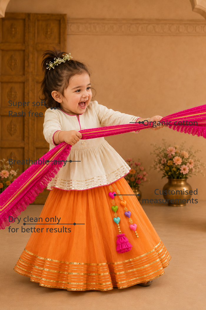 Anaario Ivory Peplum Lehenga Set features - organic cotton, super soft and rash free, breathable, dry clean only, customised measurements