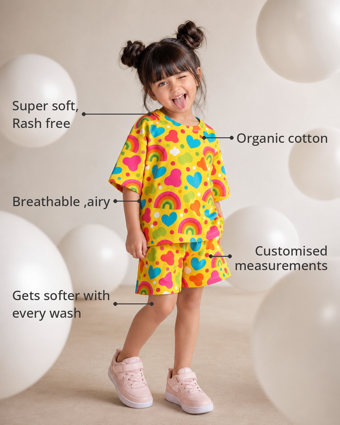 Anaario The Jellybean Shorts Set features - organic cotton, super soft and rash free, breathable, gets softer with every wash, customised measurements