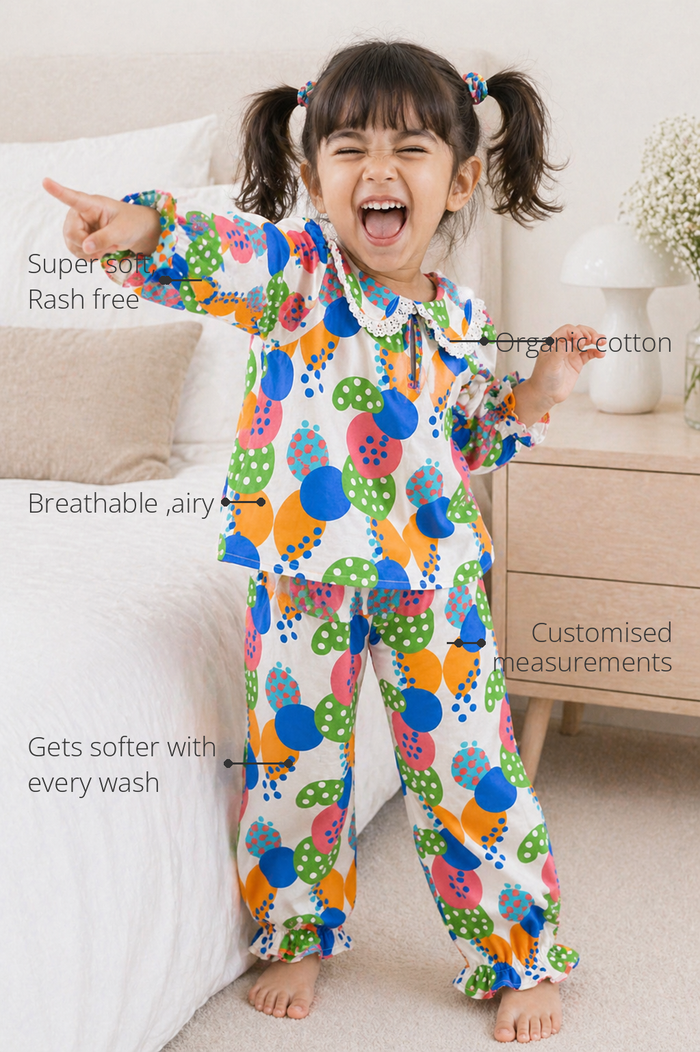 Anaario Jolly Bubbles Night Suit features - organic cotton, super soft and rash free, breathable, gets softer with every wash, customised measurements
