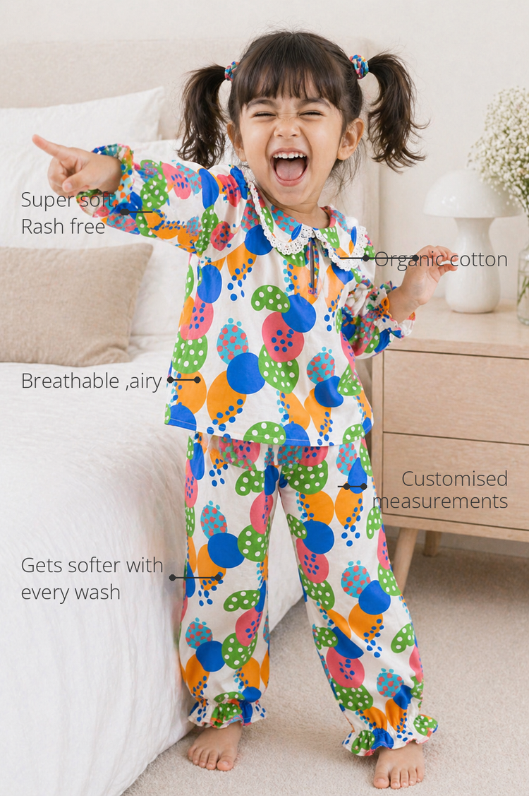 Anaario Jolly Bubbles Night Suit features - organic cotton, super soft and rash free, breathable, gets softer with every wash, customised measurements