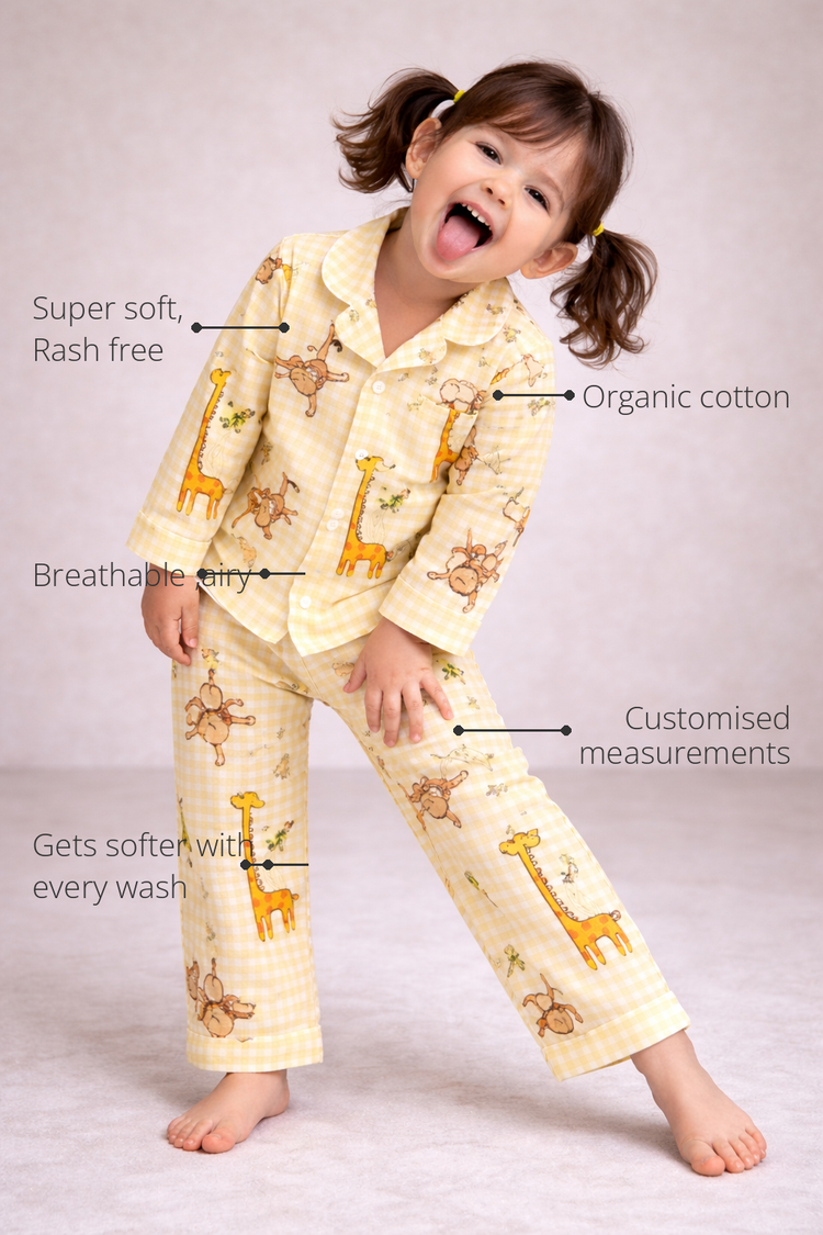 Anaario Jungle Gingham Night Suit features - organic cotton, super soft and rash free, breathable, gets softer with every wash, customised measurements