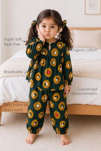 Anaario Jungle Loops Night Suit features - organic cotton, super soft and rash free, breathable, gets softer with every wash, customised measurements