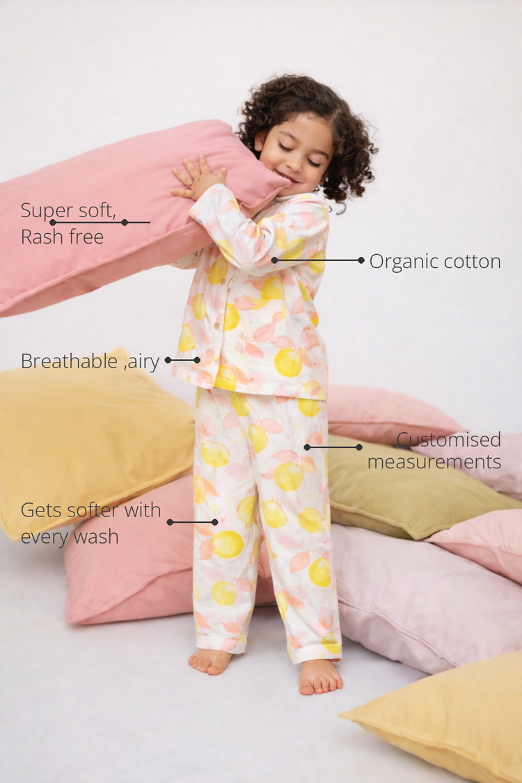 Anaario Lemon Zest Night Suit features - organic cotton, super soft and rash free, breathable, gets softer with every wash, customised measurements