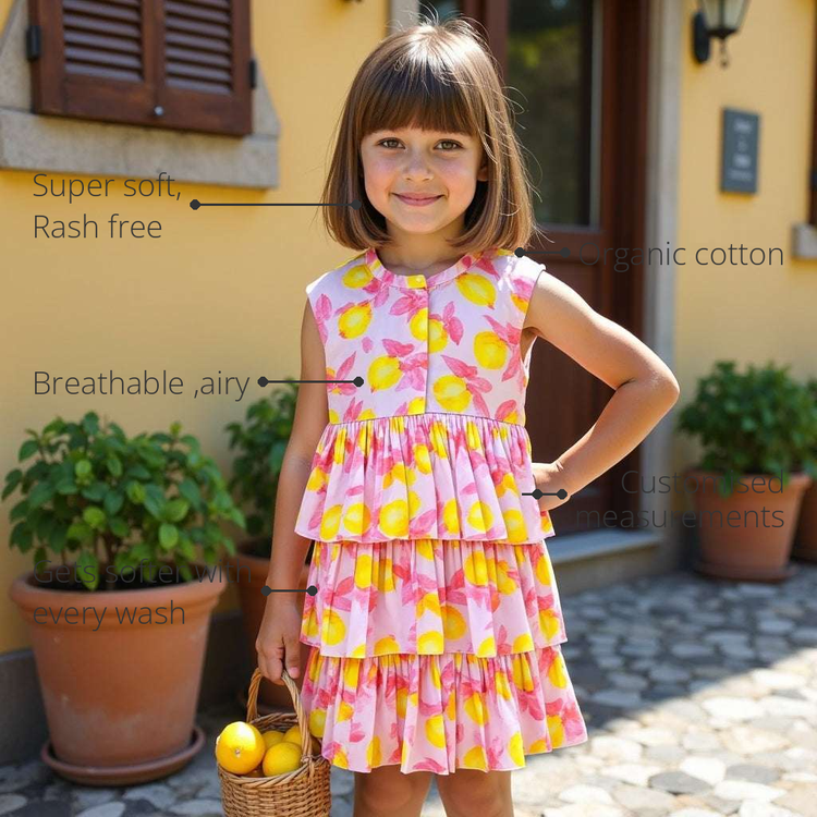 Anaario Lemon Zest Tier Dress features - organic cotton, super soft and rash free, breathable, gets softer with every wash, customised measurements