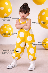 Anaario The Lemonade Dotty Romper features - organic cotton, super soft and rash free, breathable, gets softer with every wash, customised measurements