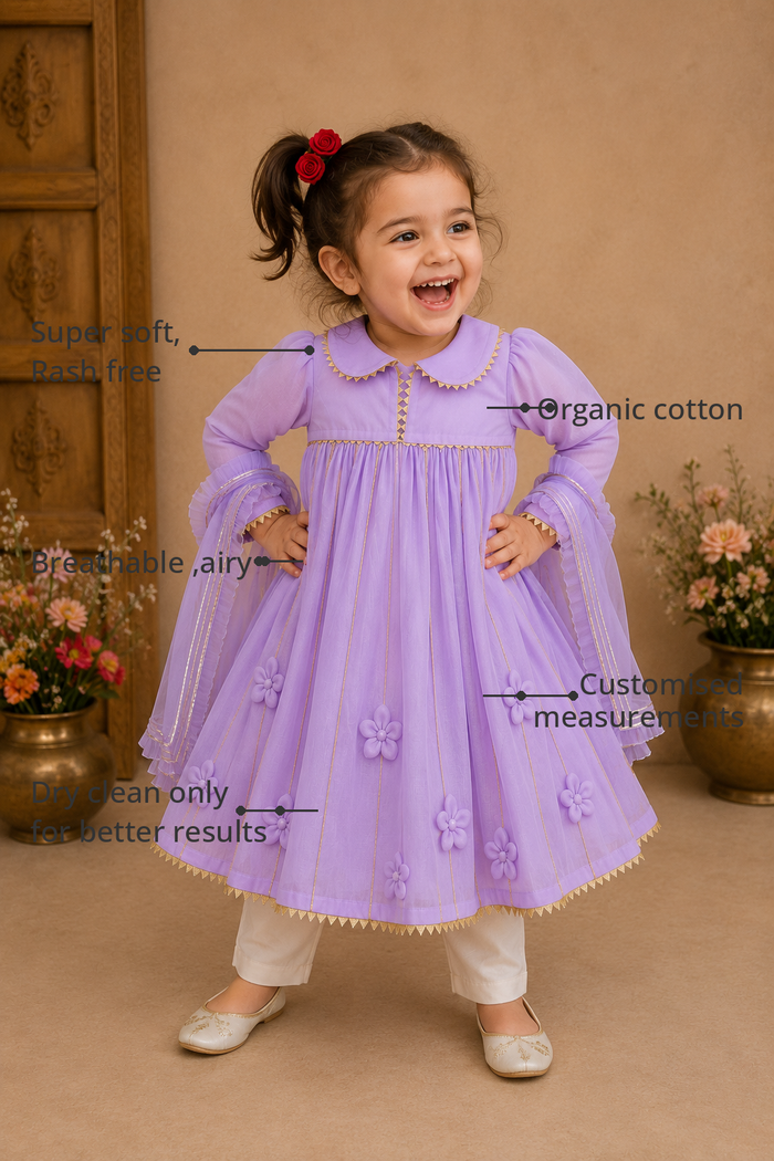 Anaario Lilac Anarkali Set features - organic cotton, super soft and rash free, breathable, dry clean only, customised measurements