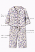 Anaario Lilac Bloom Night Suit features - organic cotton, super soft and rash free, breathable, gets softer with every wash, customised measurements
