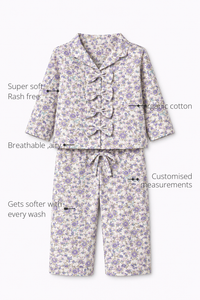 Anaario Lilac Bloom Night Suit features - organic cotton, super soft and rash free, breathable, gets softer with every wash, customised measurements