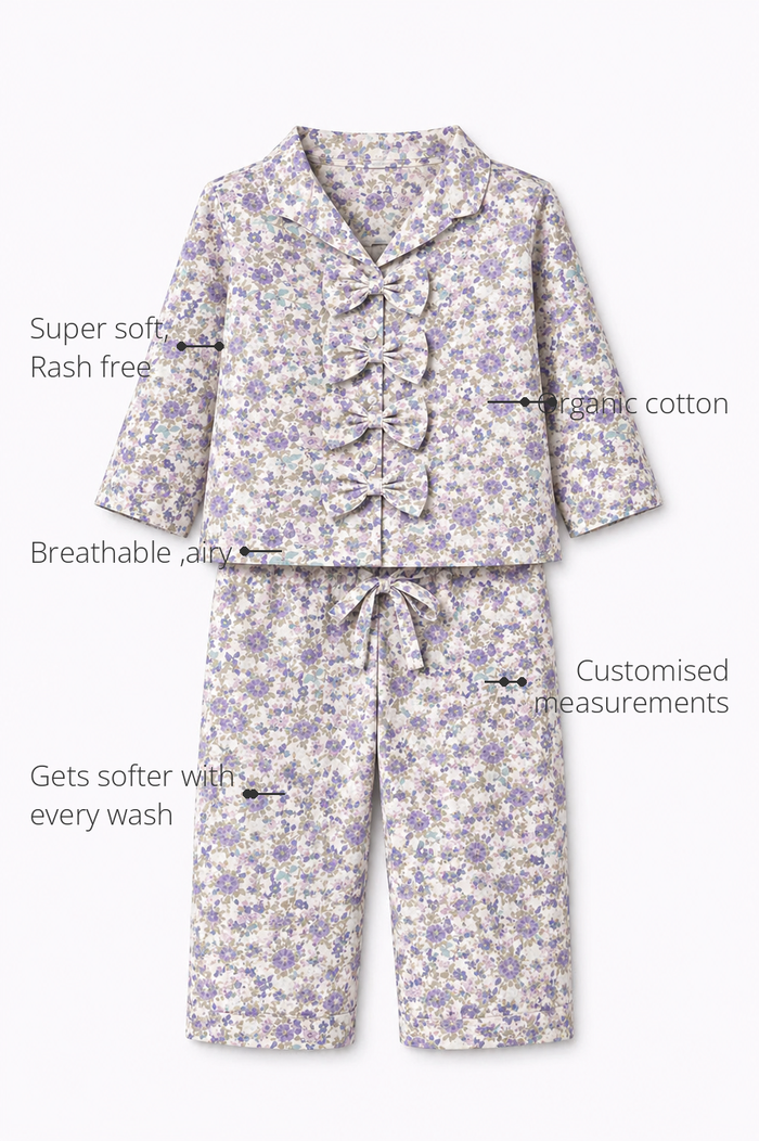 Anaario Lilac Bloom Night Suit features - organic cotton, super soft and rash free, breathable, gets softer with every wash, customised measurements