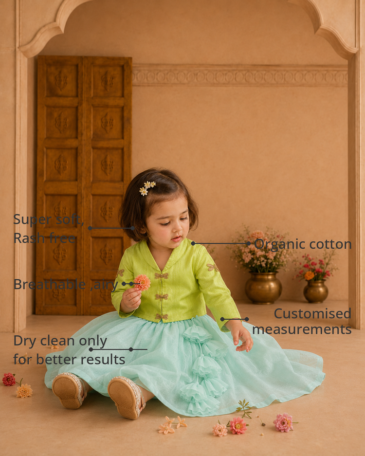 Anaario Lime Green Dragonfly Jacket-Lehenga Set features - organic cotton, super soft and rash free, breathable, dry clean only, customised measurements