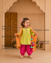 Anaario Lime Green Dragonfly Patiala Salwar Set features - organic cotton, super soft and rash free, breathable, dry clean only, customised measurements
