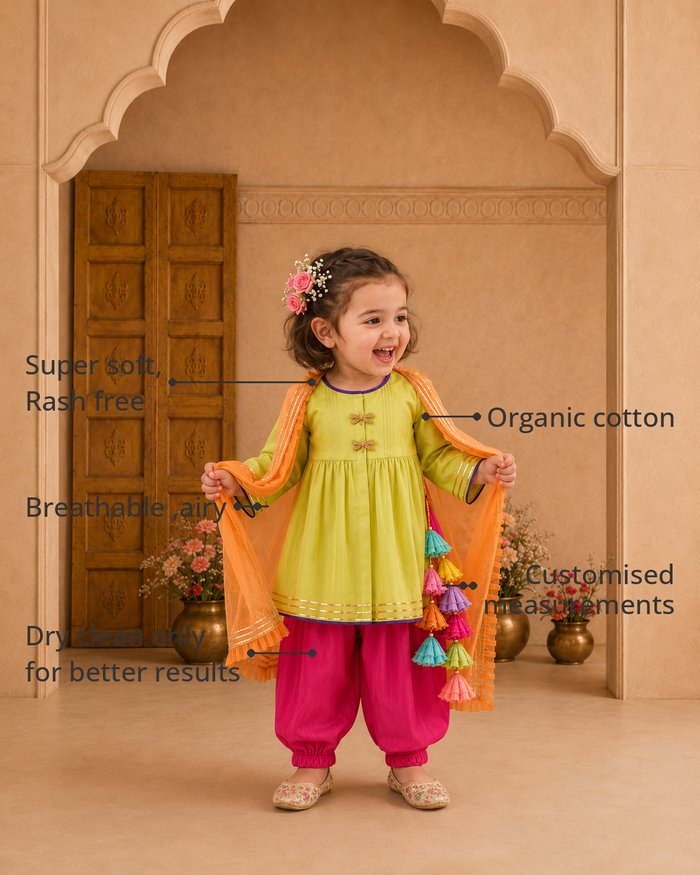 Anaario Lime Green Dragonfly Patiala Salwar Set features - organic cotton, super soft and rash free, breathable, dry clean only, customised measurements