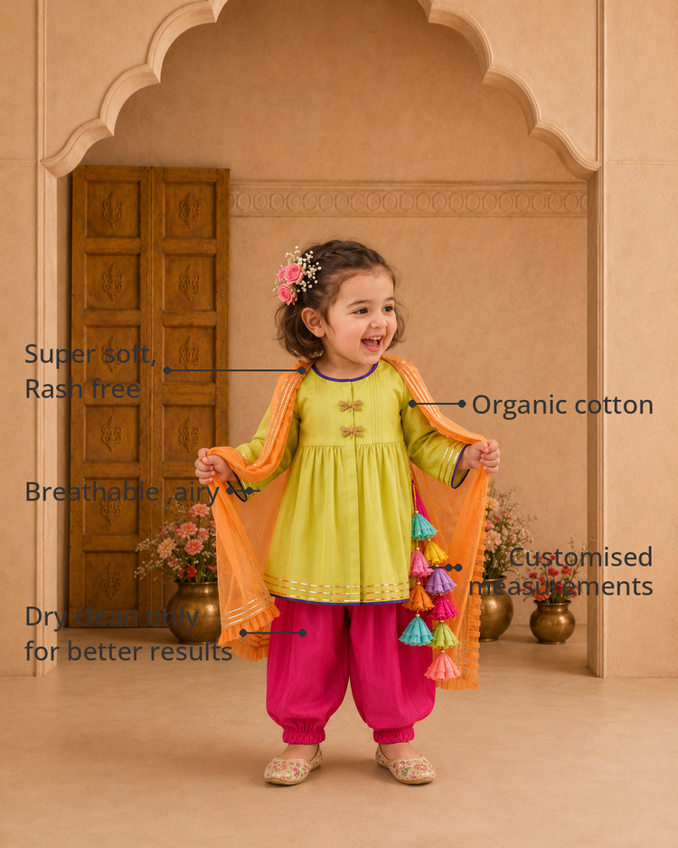 Anaario Lime Green Dragonfly Patiala Salwar Set features - organic cotton, super soft and rash free, breathable, dry clean only, customised measurements