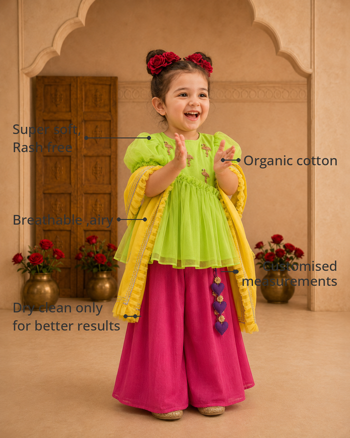 Anaario Lime Flamingo Peplum Palazzo Set features - organic cotton, super soft and rash free, breathable, dry clean only, customised measurements
