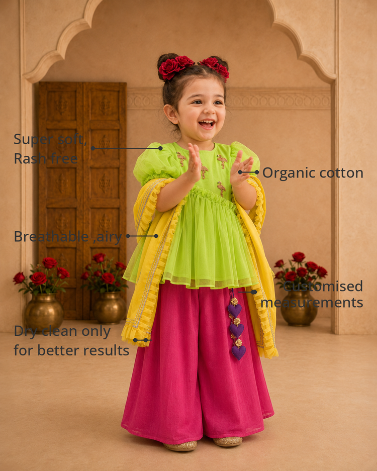 Anaario Lime Flamingo Peplum Palazzo Set features - organic cotton, super soft and rash free, breathable, dry clean only, customised measurements