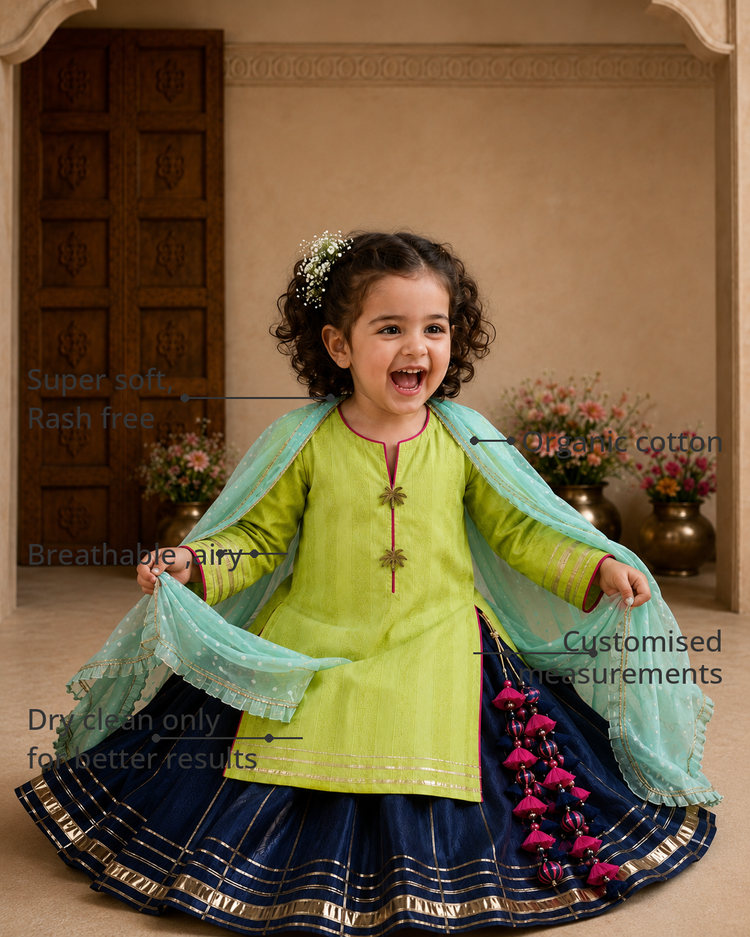 Anaario Lime Green Navy Lehenga Set features - organic cotton, super soft and rash free, breathable, dry clean only, customised measurements