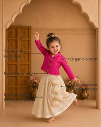 Anaario Magenta Moon-Star Jacket-Lehenga Set features - organic cotton, super soft and rash free, breathable, dry clean only, customised measurements