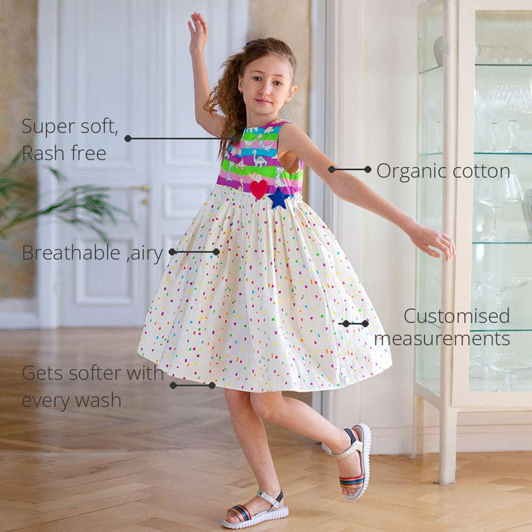 Anaario Magic Dust Dress features - organic cotton, super soft and rash free, breathable, gets softer with every wash, customised measurements