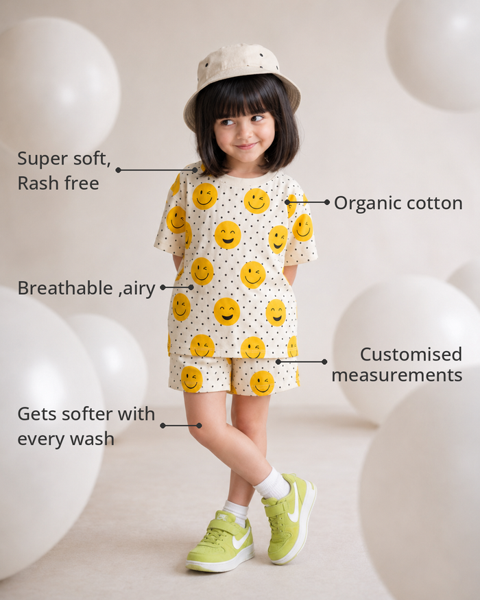 Anaario The Marshmallow Shorts Set features - organic cotton, super soft and rash free, breathable, gets softer with every wash, customised measurements
