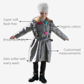 Anaario Meadow Mist Pea Coat features - organic cotton, super soft and rash free, breathable, gets softer with every wash, customised measurements