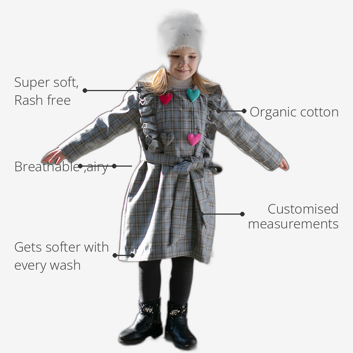 Anaario Meadow Mist Pea Coat features - organic cotton, super soft and rash free, breathable, gets softer with every wash, customised measurements
