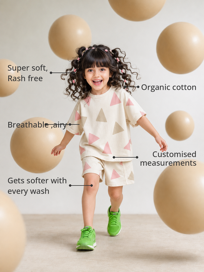 Anaario The Meadow Skip Shorts Set features - organic cotton, super soft and rash free, breathable, gets softer with every wash, customised measurements