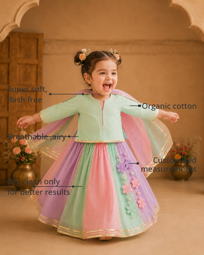 Anaario Mint Lilac Pink Lehenga Set features - organic cotton, super soft and rash free, breathable, dry clean only, customised measurements