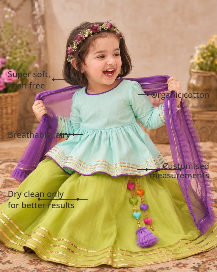 Anaario Mint Peplum Lehenga Set features - organic cotton, super soft and rash free, breathable, dry clean only, customised measurements