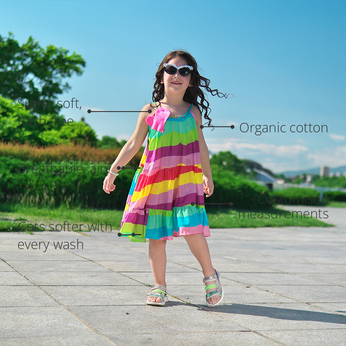 Anaario Moon River Dress features - organic cotton, super soft and rash free, breathable, gets softer with every wash, customised measurements