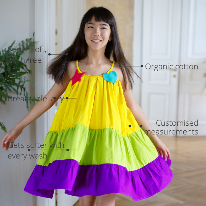 Anaario Moon River Dress features - organic cotton, super soft and rash free, breathable, gets softer with every wash, customised measurements