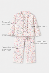 Anaario Multi- Coloured Floral Night Suit features - organic cotton, super soft and rash free, breathable, gets softer with every wash, customised measurements
