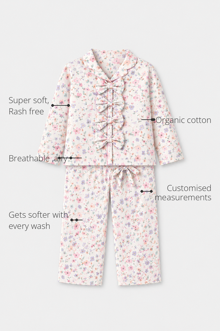Anaario Multi- Coloured Floral Night Suit features - organic cotton, super soft and rash free, breathable, gets softer with every wash, customised measurements