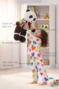 Anaario Multi-Coloured Heart Night Suit features - organic cotton, super soft and rash free, breathable, gets softer with every wash, customised measurements