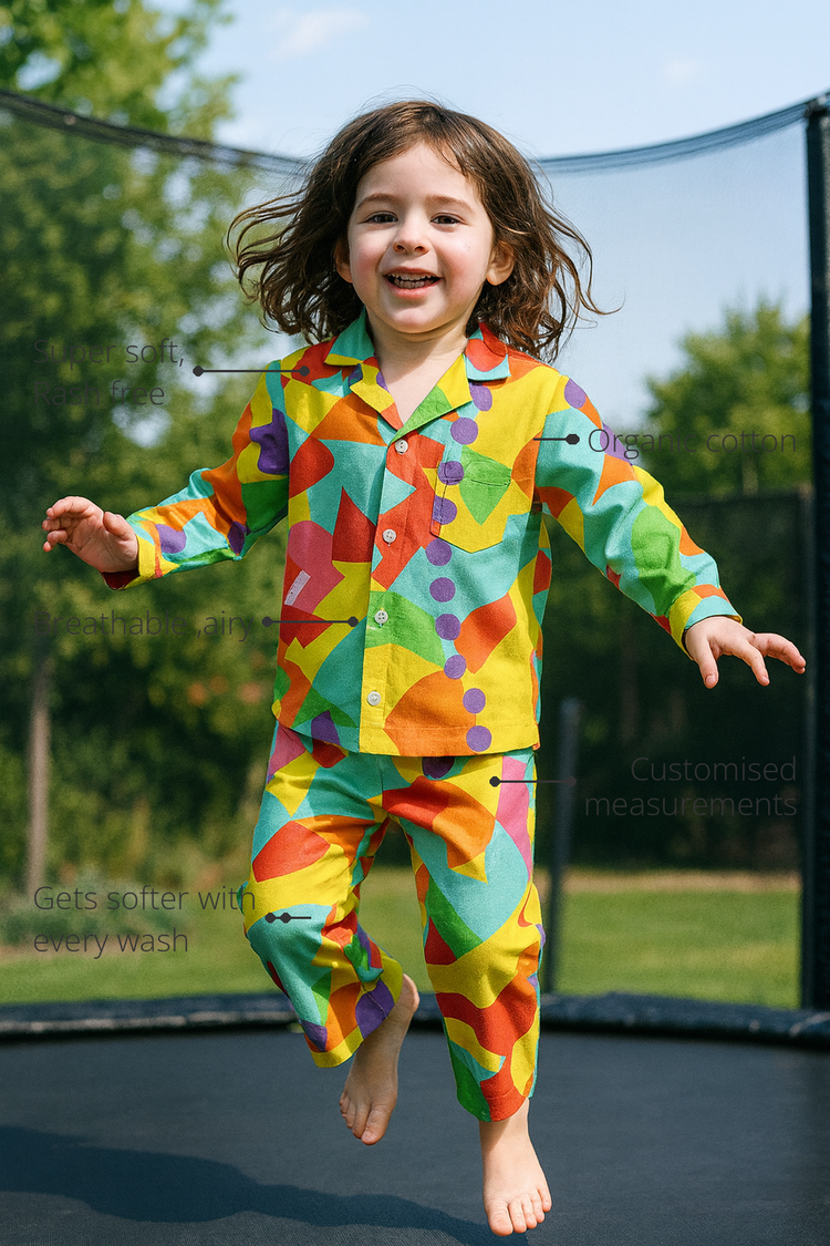 Anaario Multi-Coloured Night Suit features - organic cotton, super soft and rash free, breathable, gets softer with every wash, customised measurements