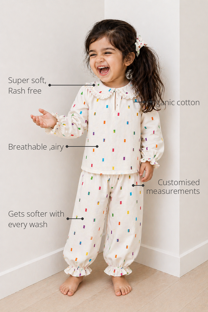 Anaario Multi-Coloured Squares Night Suit features - organic cotton, super soft and rash free, breathable, gets softer with every wash, customised measurements
