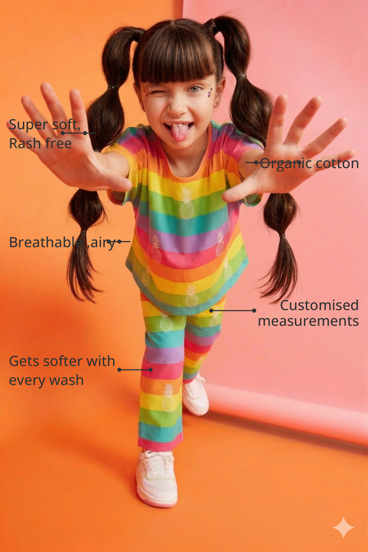 Anaario Multi-Coloured Stripes Co-ord Set features - organic cotton, super soft and rash free, breathable, gets softer with every wash, customised measurements