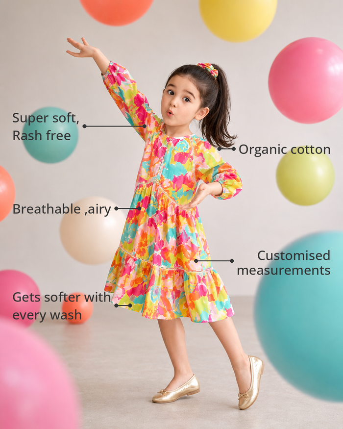 Anaario Multicolour Floral Tiered Dress features - organic cotton, super soft and rash free, breathable, gets softer with every wash, customised measurements
