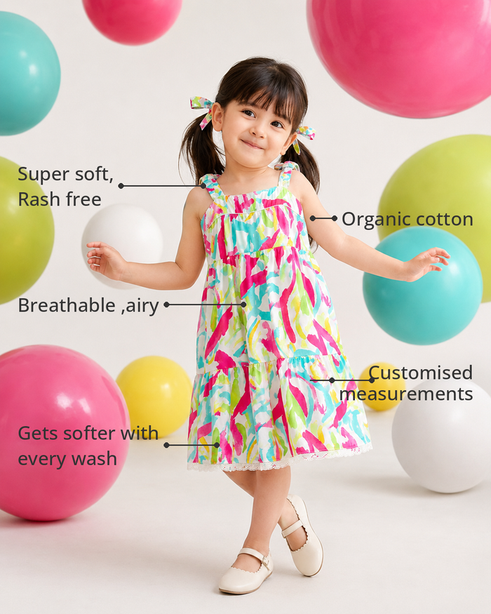 Anaario Paint Splash Strappy Dress features - organic cotton, super soft and rash free, breathable, gets softer with every wash, customised measurements