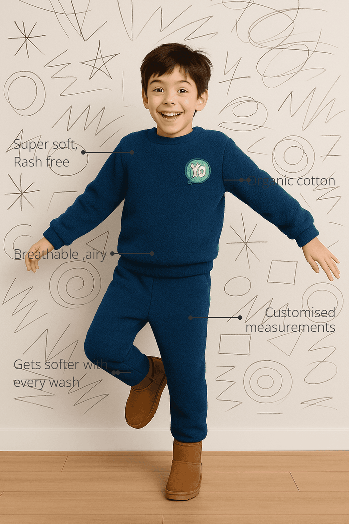 Anaario Navy Blue Fleece Set features - organic cotton, super soft and rash free, breathable, gets softer with every wash, customised measurements