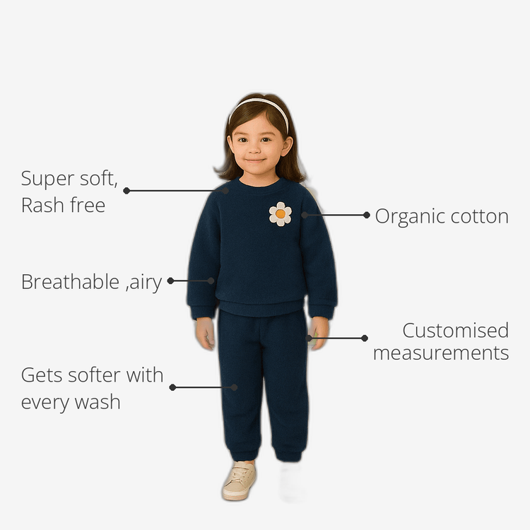 Anaario Navy Blue Flower Fleece Set features - organic cotton, super soft and rash free, breathable, gets softer with every wash, customised measurements