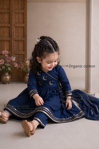 Anaario Navy Blue Moon-Star Angrakha Set features - organic cotton, super soft and rash free, breathable, dry clean only, customised measurements