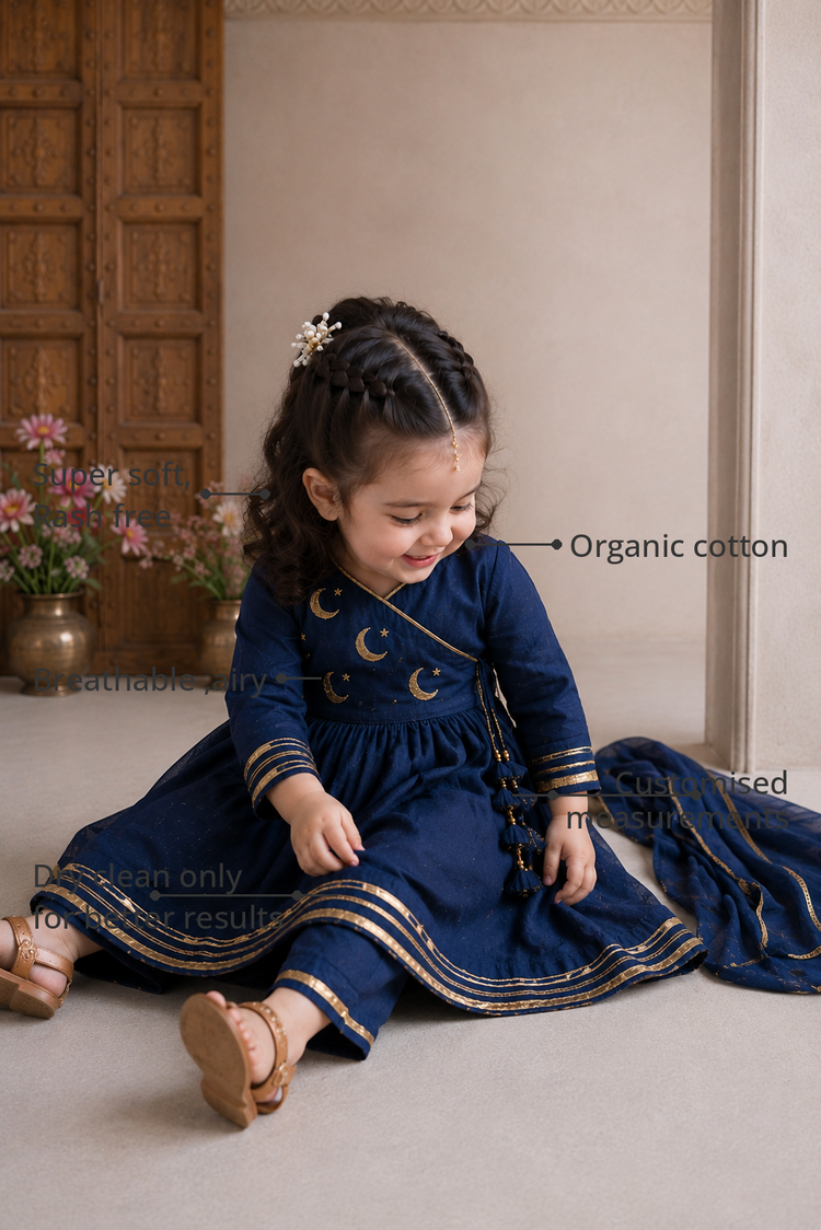 Anaario Navy Blue Moon-Star Angrakha Set features - organic cotton, super soft and rash free, breathable, dry clean only, customised measurements