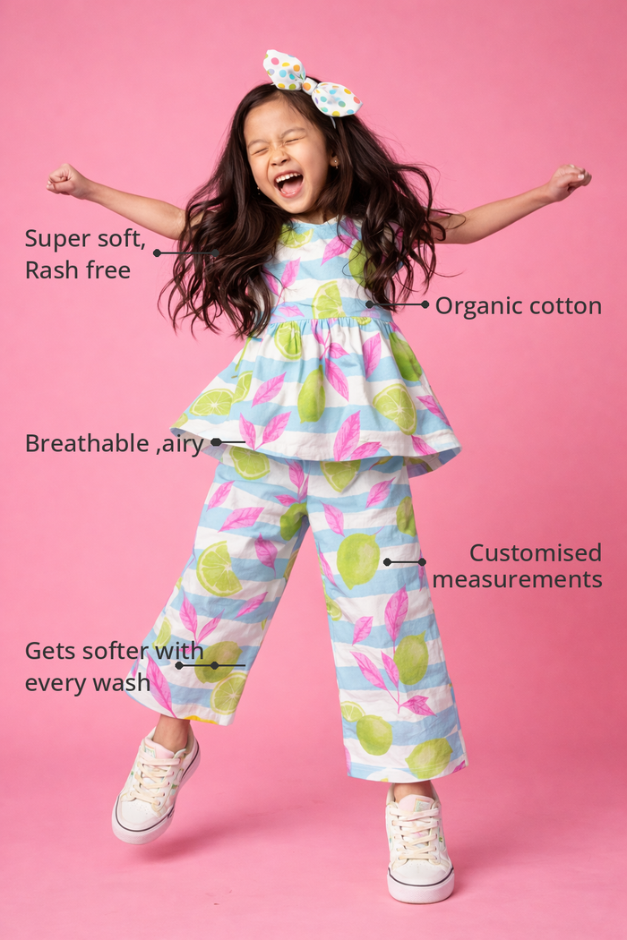 Anaario Neon Limes and Leaves Co-ord Set features - organic cotton, super soft and rash free, breathable, gets softer with every wash, customised measurements