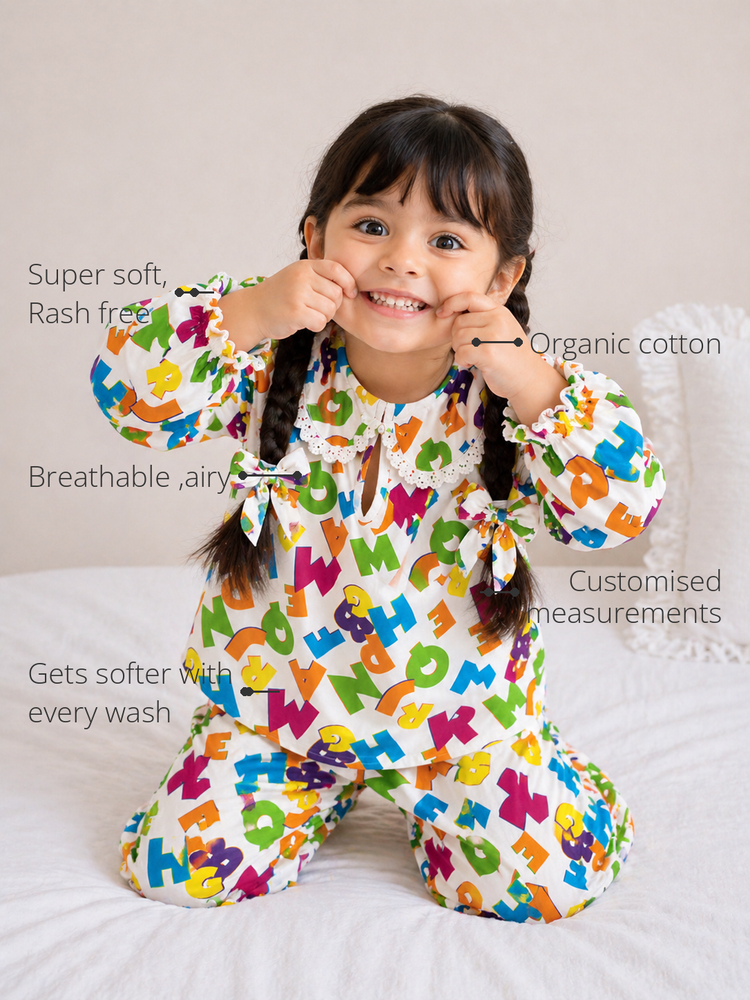 Anaario Neon Multicolor Alphabets Night Suit features - organic cotton, super soft and rash free, breathable, gets softer with every wash, customised measurements