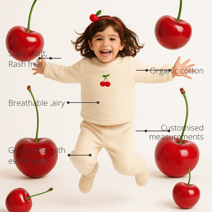 Anaario Off-white Cherry Fleece Set features - organic cotton, super soft and rash free, breathable, gets softer with every wash, customised measurements